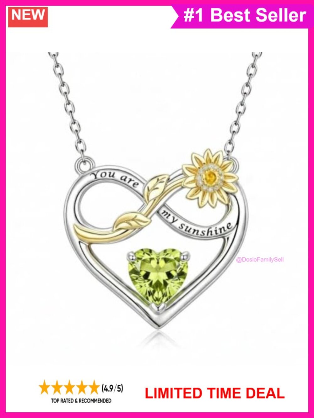 Sunflower Necklace Infinity Heart Pendant Gold Plated Birthstone Jewelry